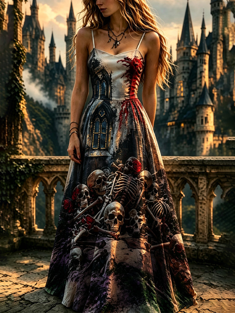 Cardydony Women's Halloween Skull Mountain Castle Strap Dress