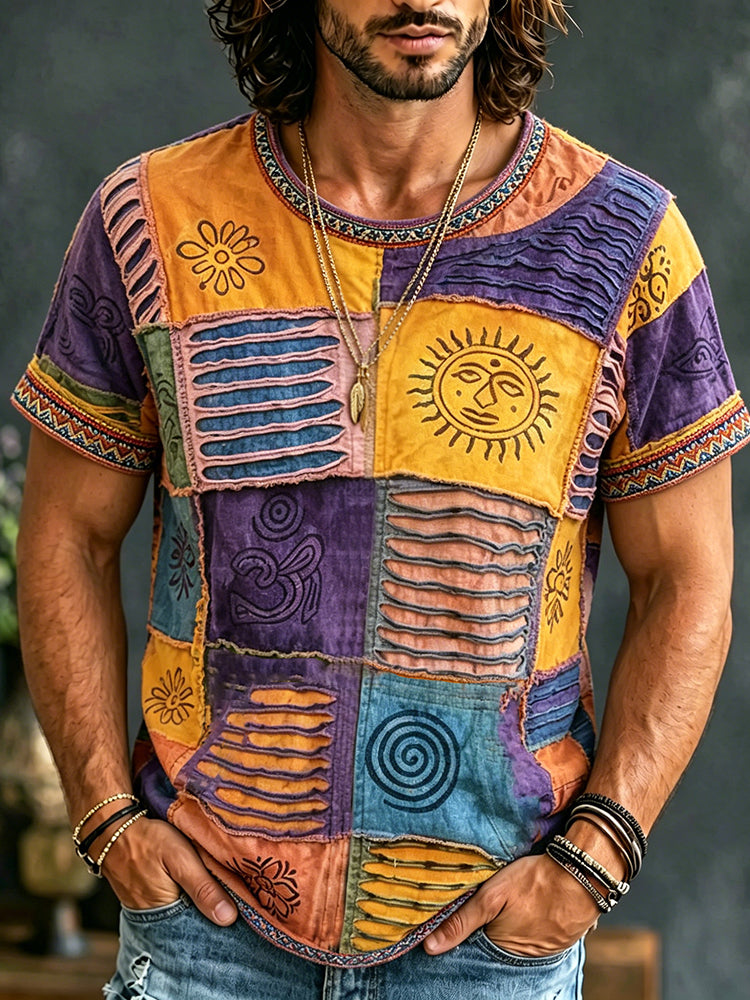 Cardydony Men's Hippie Tie-dye Patchwork Print Crew Neck T-shirt