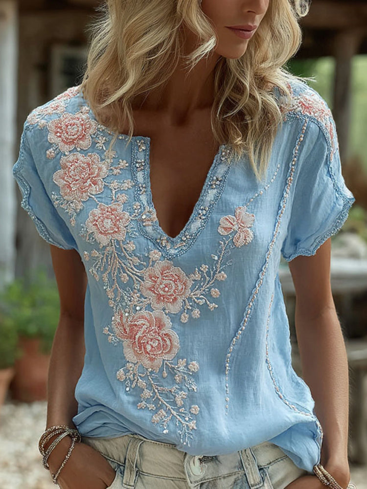 Cardydony Women's Retro Floral Rhinestone Embroidery Casual Cotton Linen T-shirt