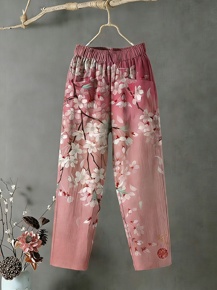 Cardydony Japanese Cherry Blossom Floral Pattern Comfortable Linen Pants