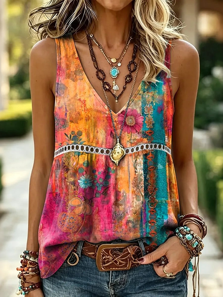 Cardydony Women's Vintage Boho Floral Art Linen Blend V-neck Tank Top