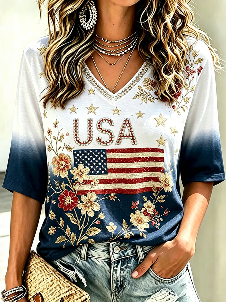 Cardydony Women's Independence Day Flag And Floral Print Three Quarter Sleeves T-shirt