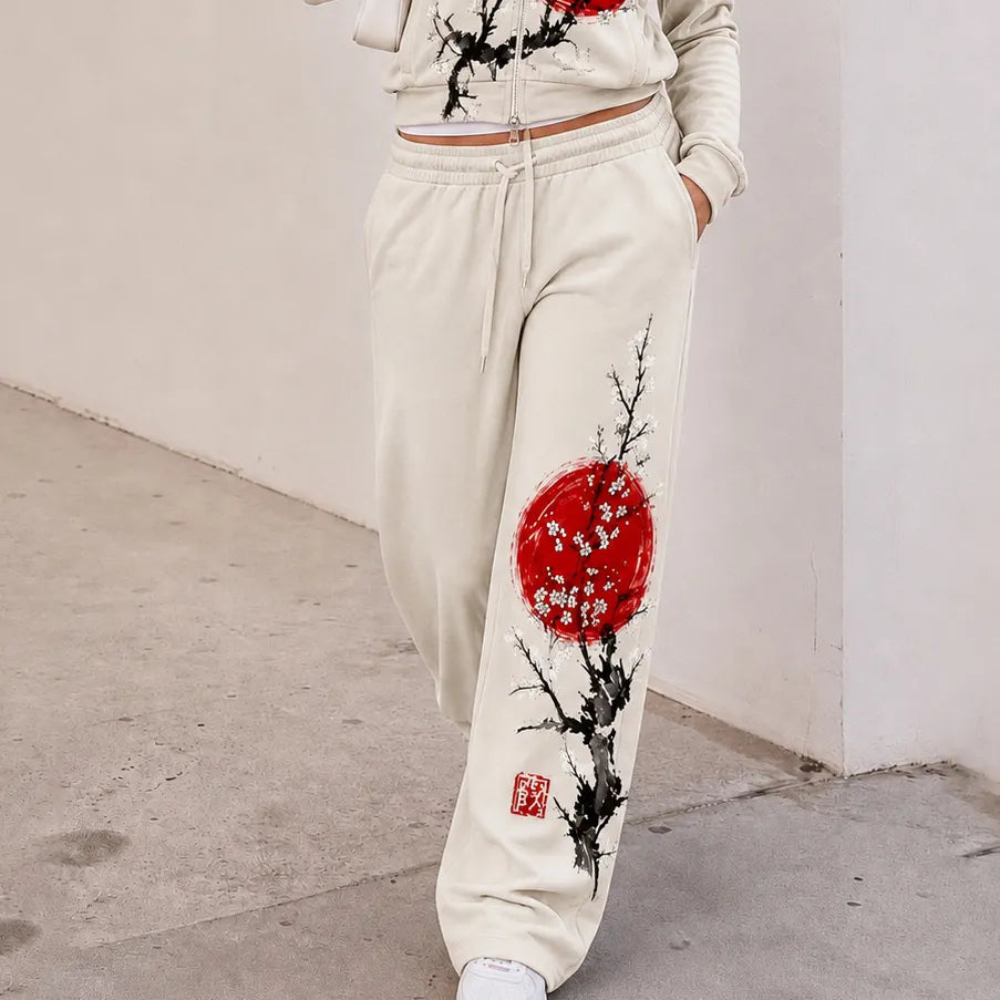 Cardydony Women's Japanese Art Sakura Sun Design Velvet Two Piece Set