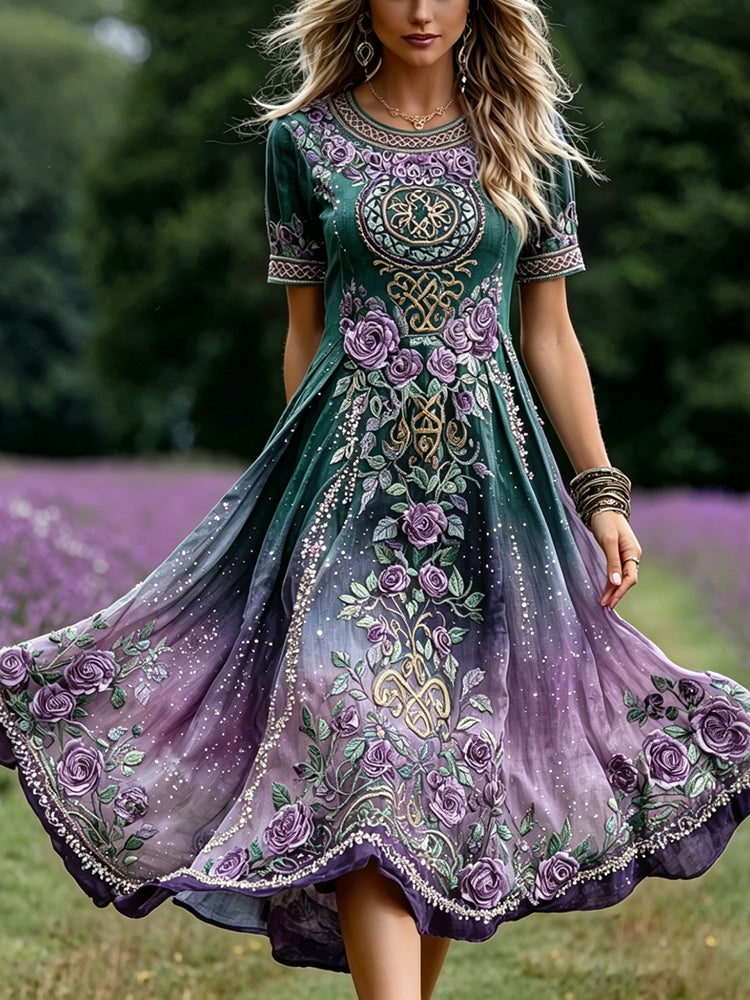 Cardydony Women's Vintage Celtic Knot With Floral Art Embroidered Linen Blend Maxi Dress
