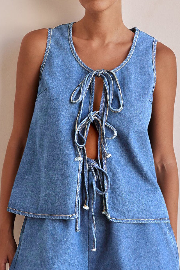 Cardydony Women's Stylish Sleeveless Round Neck Tie-up Casual Denim Vest