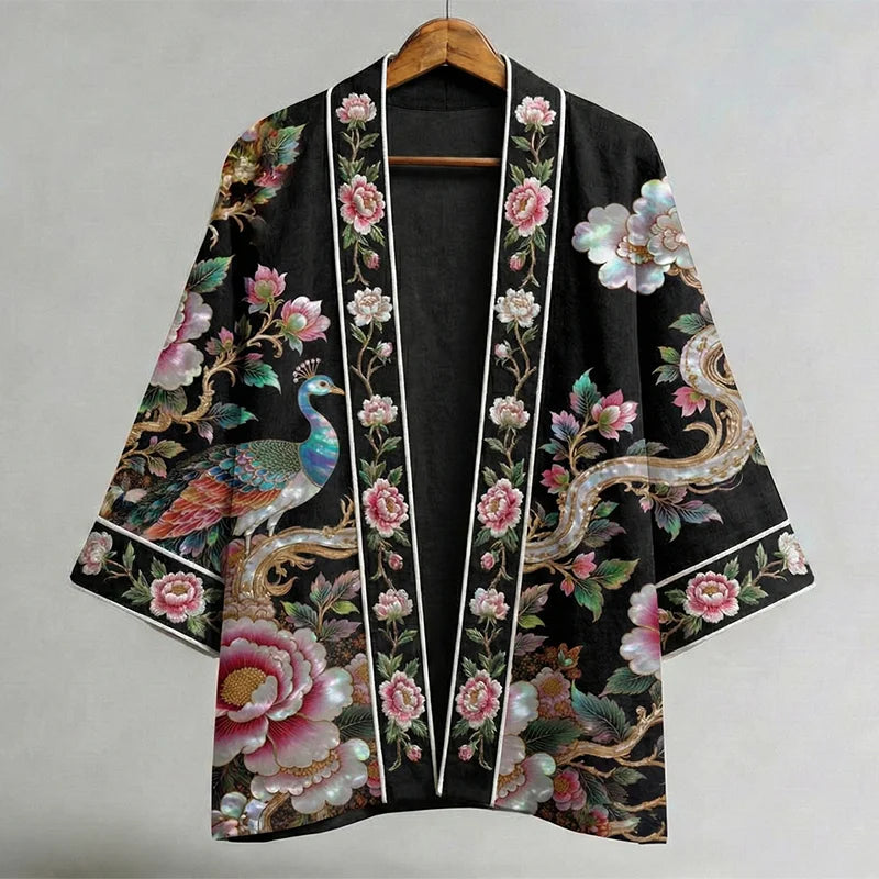 Cardydony Japanese Peacock And Floral Motif Art Linen Kimono