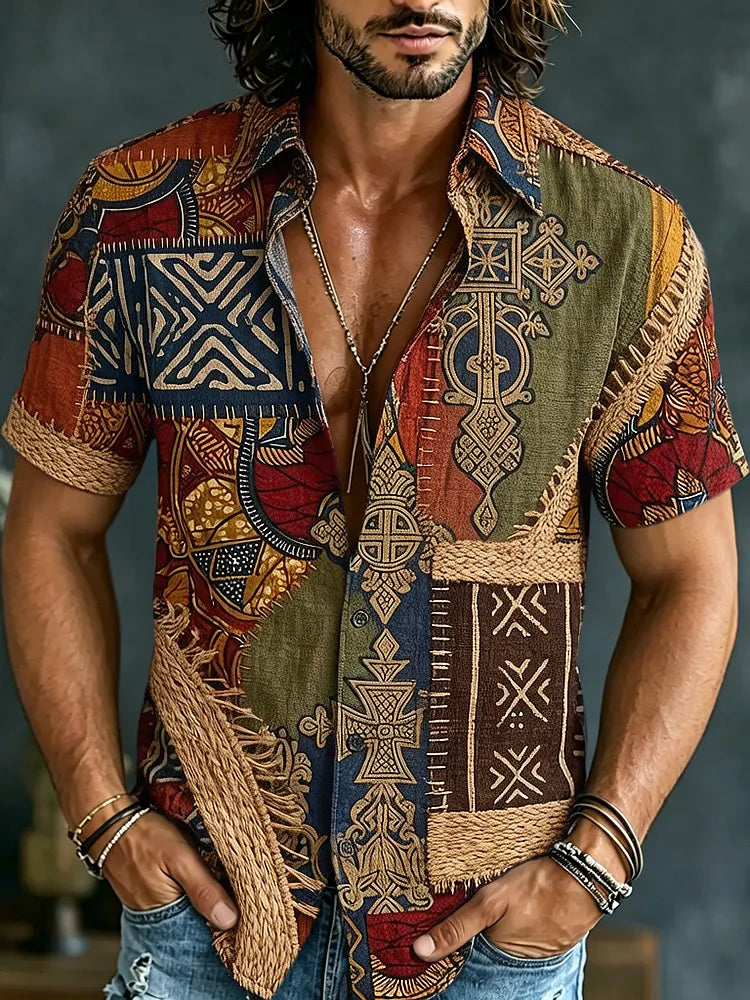 Cardydony Men's Retro Hippie Color Block Pattern Short-sleeve Cotton Linen Shirt