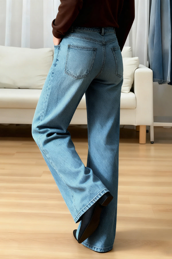 Cardydony Women's Stylish Casual Loose Pockets Straight-leg Wide-leg Jeans