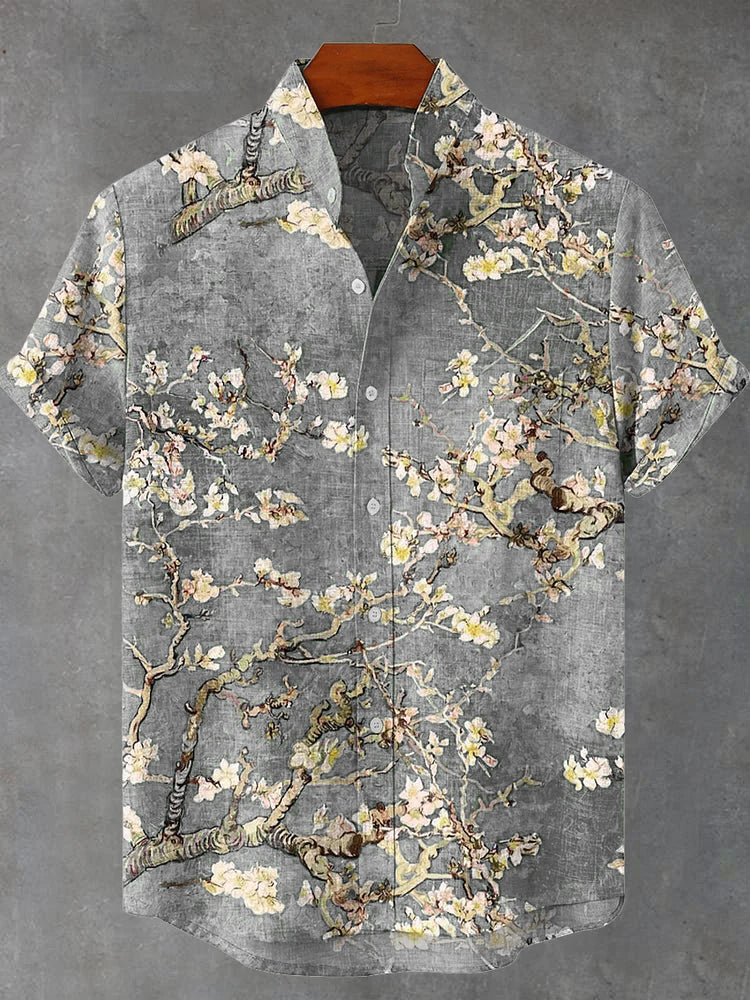 Cardydony Vintage White Art Florets Print Casual Cotton Shirt