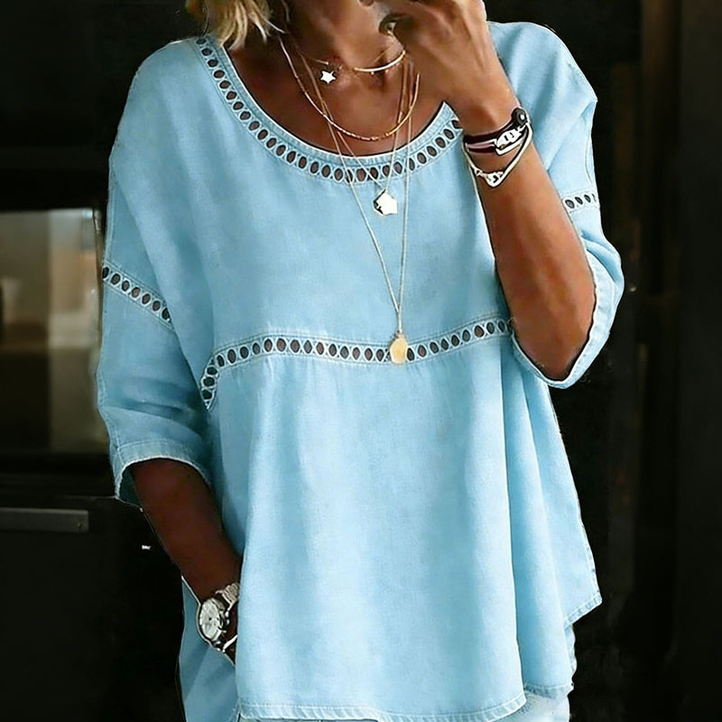 Cardydony Casual Hollowed-out Lace Patchwork Round Neck Top