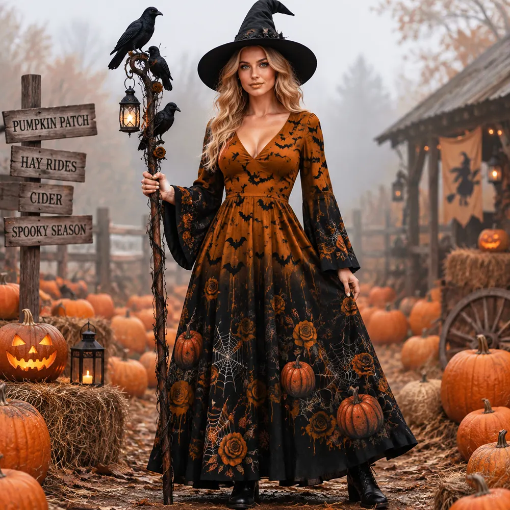 Cardydony Women's Halloween Cosplay Maxi Dress - Spooky Jack-o'-lanterns, Roses And Spider Webs Print Flowy Dress