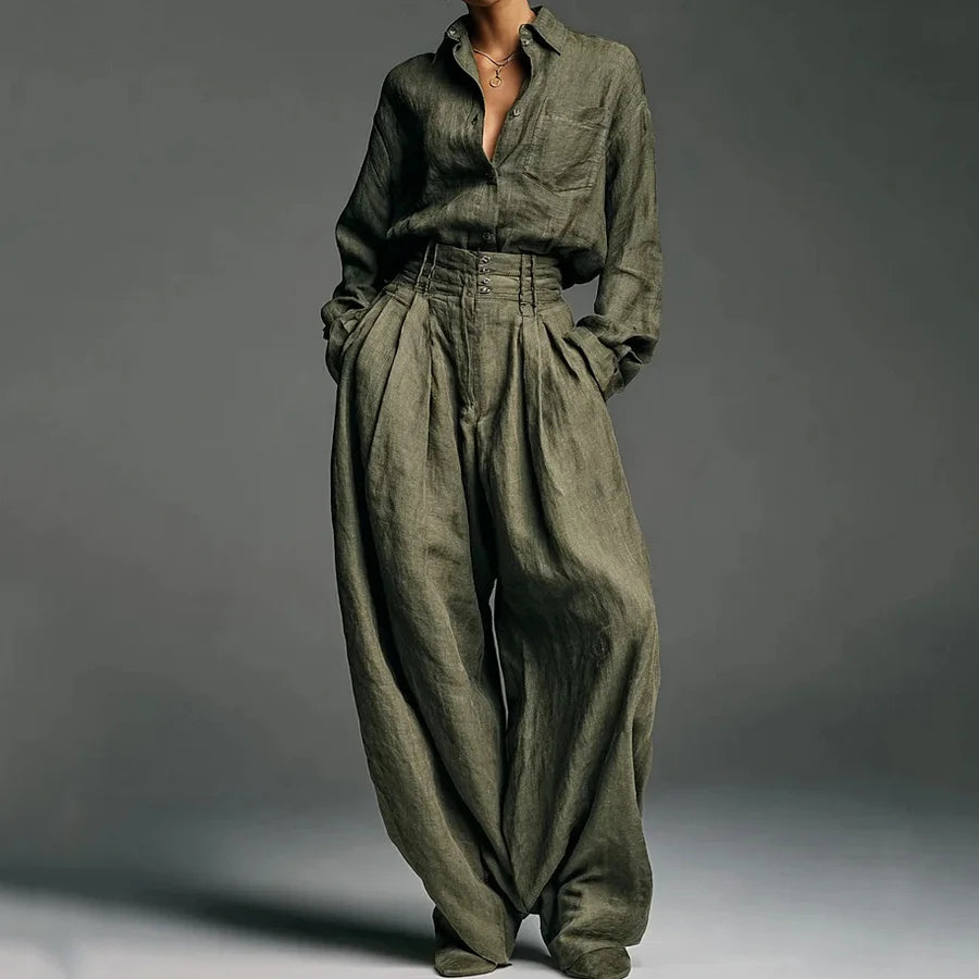 Cardydony Vintage Classy Blouse & Trousers Linen Two Piece Set