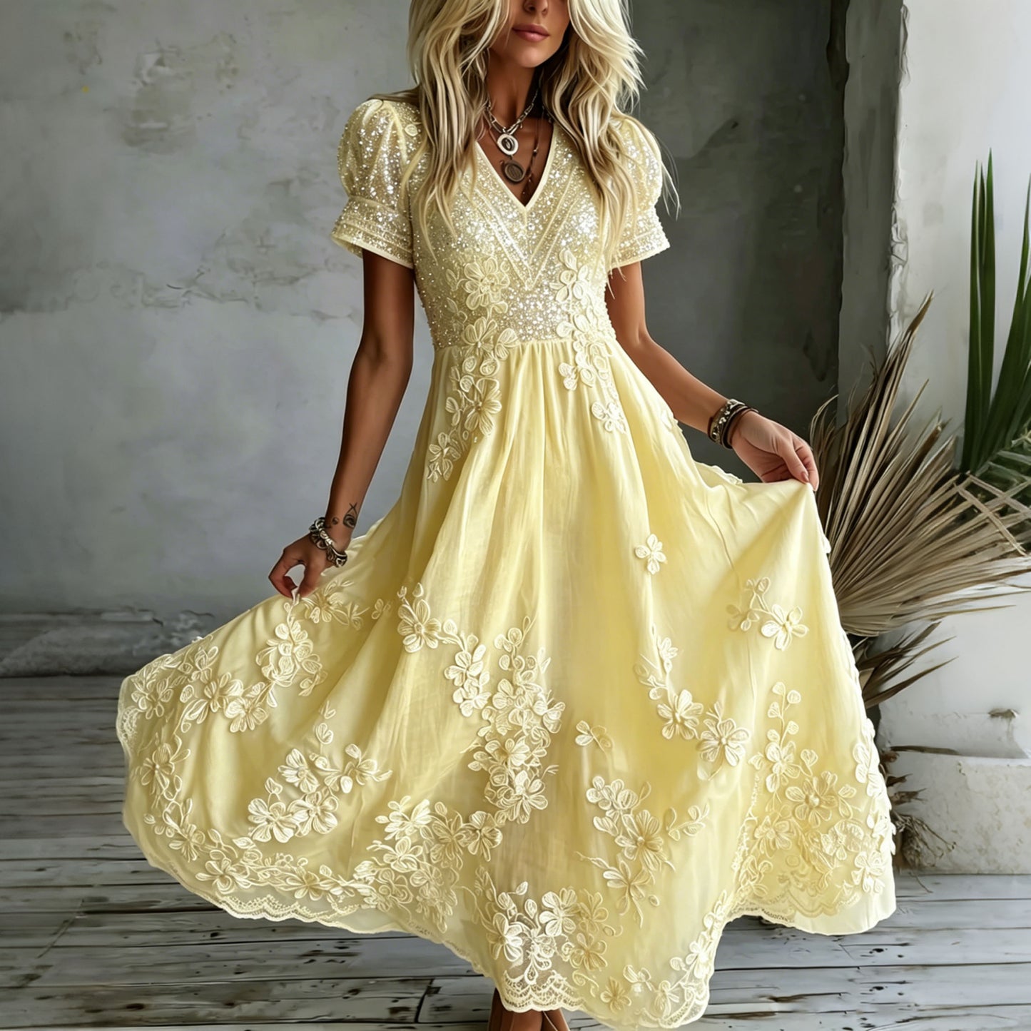 Cardydony Women's White Rose Art Embroidered Linen Blend V Neck Maxi Dress
