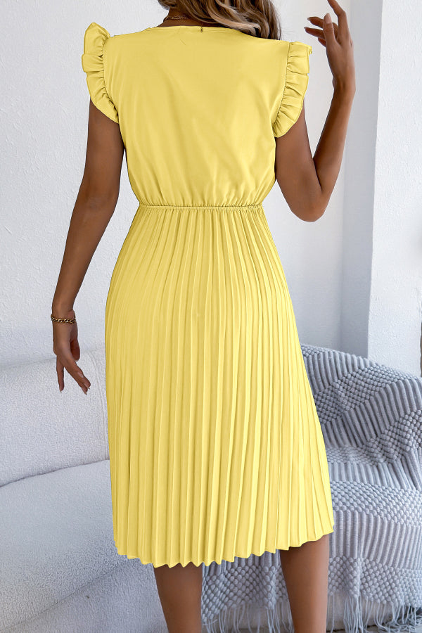 Cardydony Women's Solid Color V-neck Lace-trimmed Sleeveless Casual Pleated Midi Dress