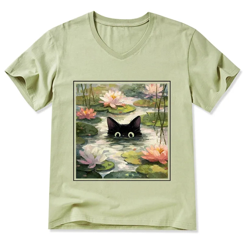 Cardydony Black Cat And Lotus Flower V-neck Classic T-shirt