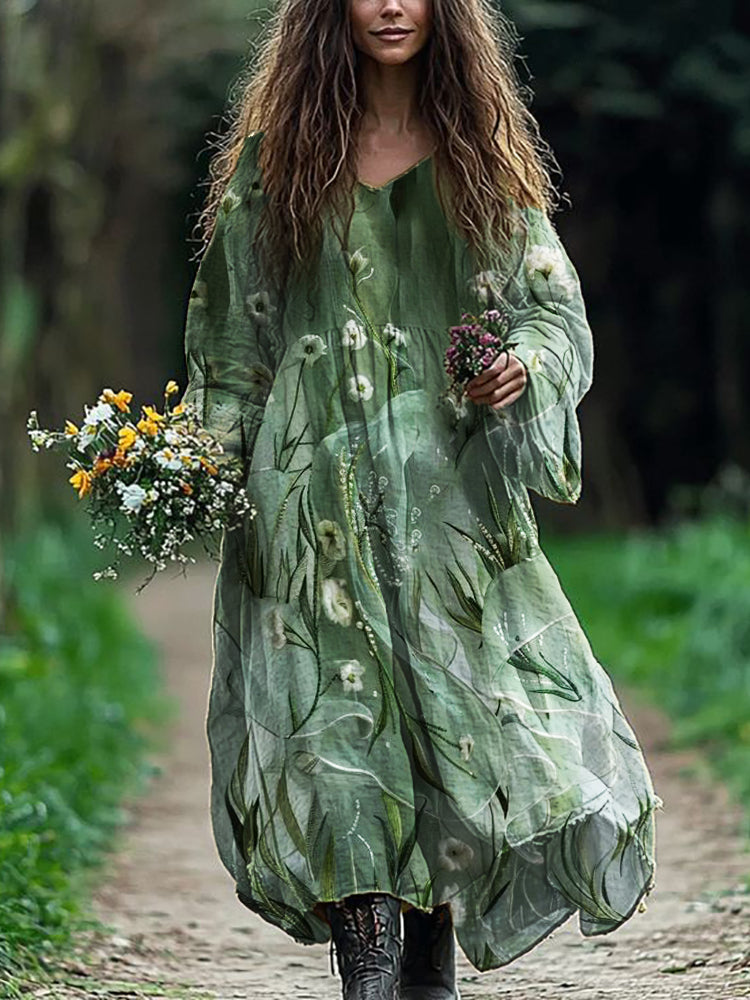 Cardydony Classy Elf Floral Linen Blend Flowy Maxi Dress
