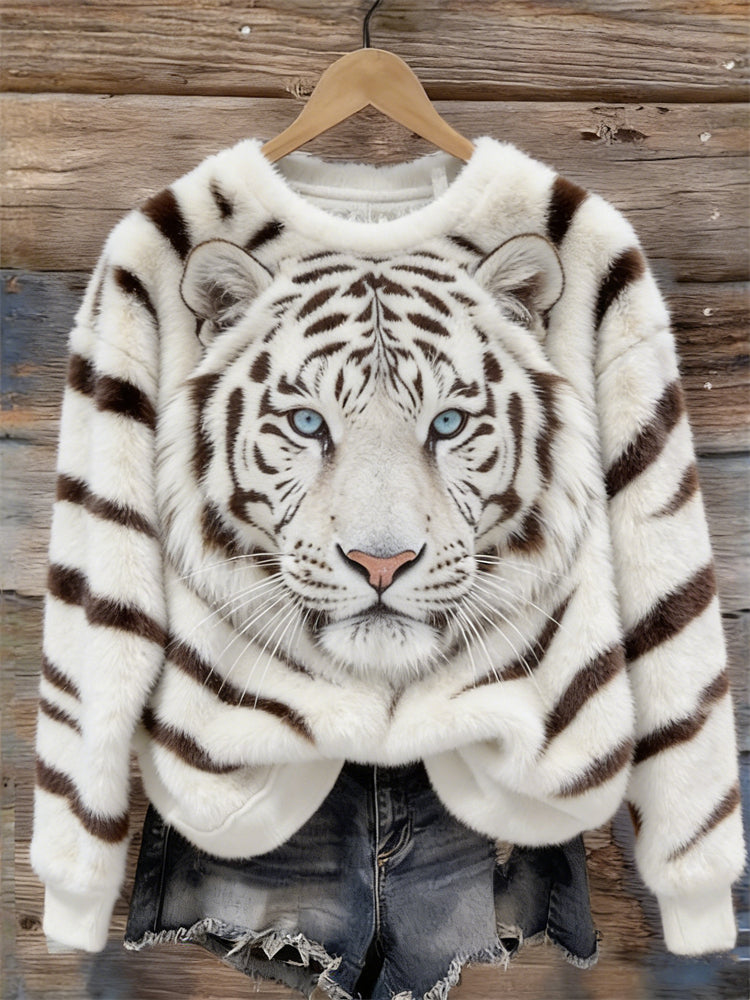 Cardydony Classy White Tiger & Pattern Cozy Plush Sweatshirt