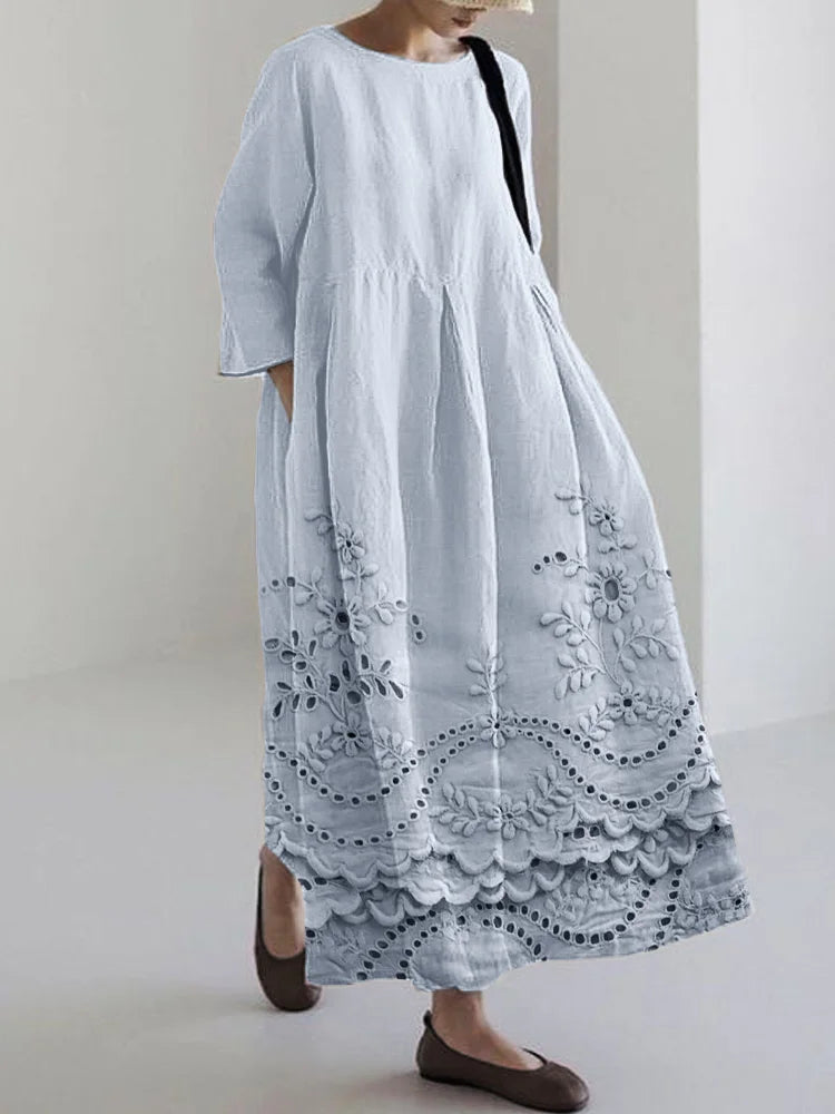 Cardydony Cottage Floral Embroidered Lace Hem Linen Blend Maxi Dress