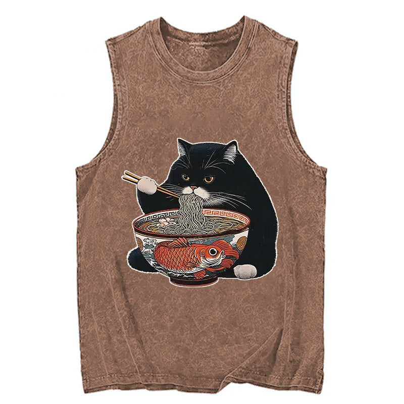 Cardydony Fat Cat Eating Ramen Washed Tank