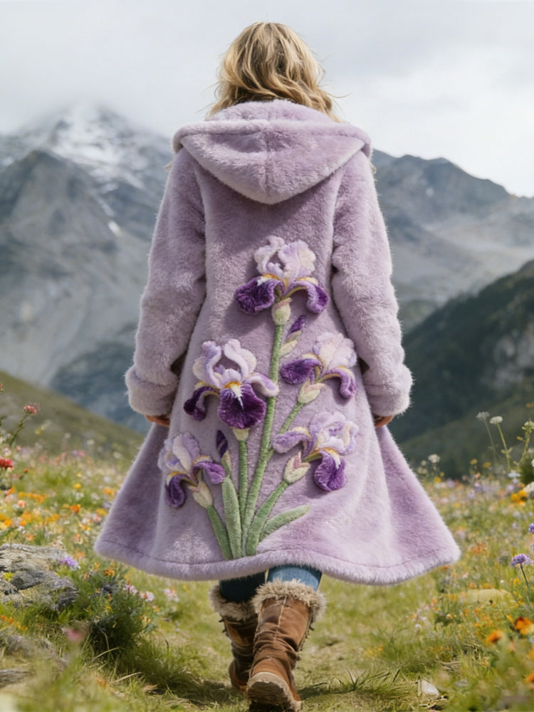 Cardydony Iris Flower Plush Art Women's Cozy Flannel Hooded Cardigan