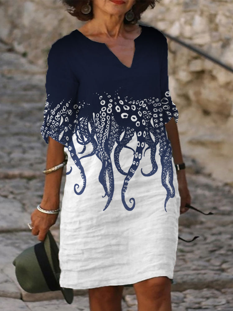 Cardydony Japanese Art Ocean Octopus Print Cotton Blend Dress