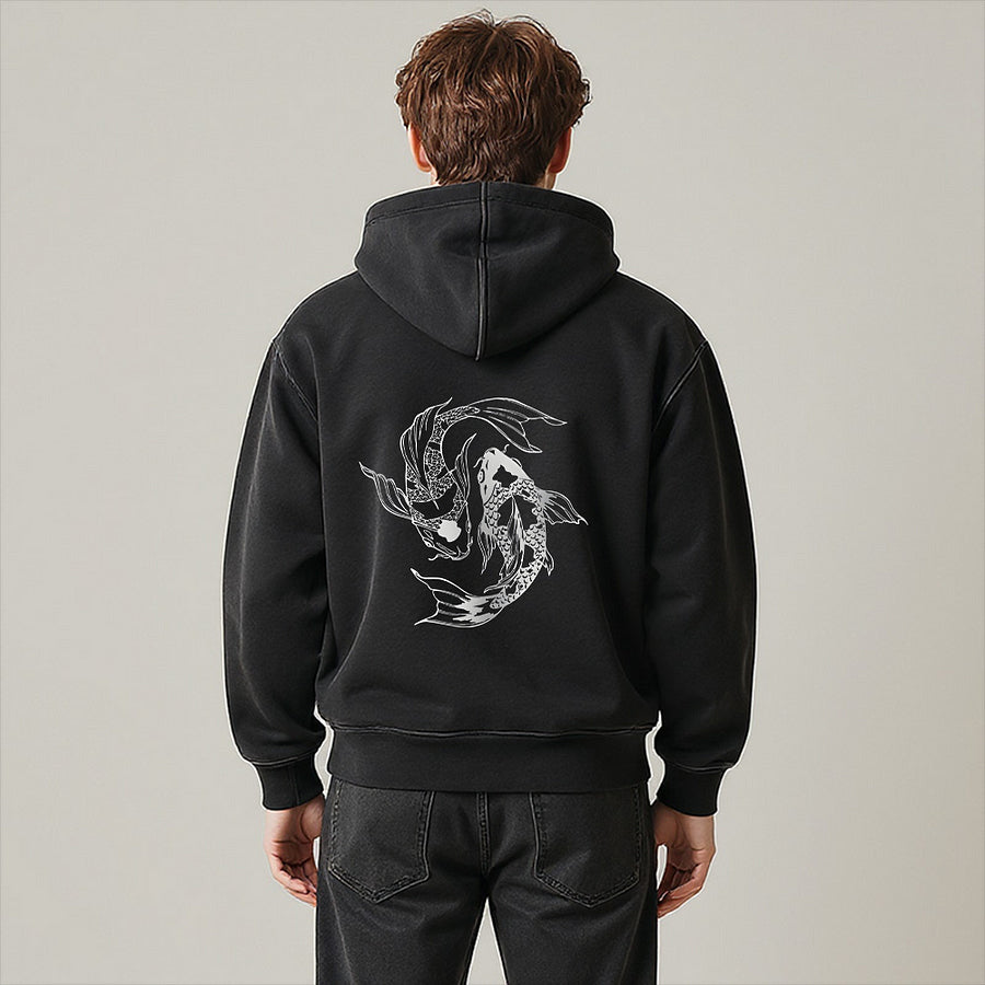 Cardydony Japanese Streetwear Koi Fish Washed Zip Hoodie