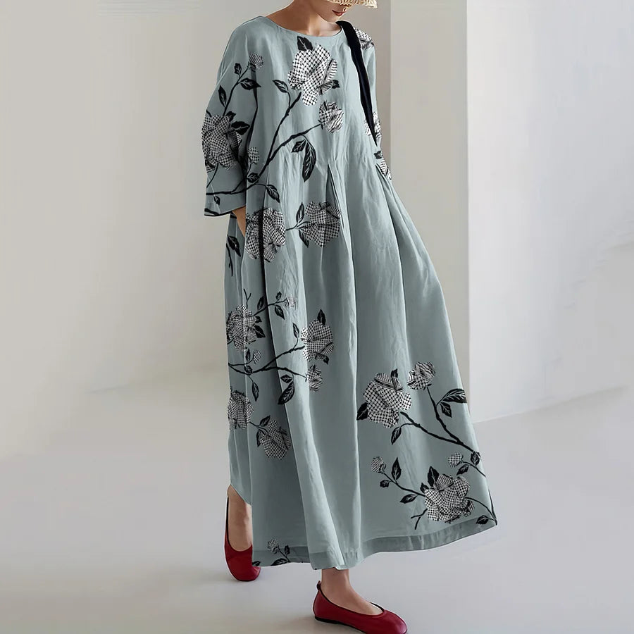 Cardydony Keffiyeh Roses Printed Cotton Linen Dress