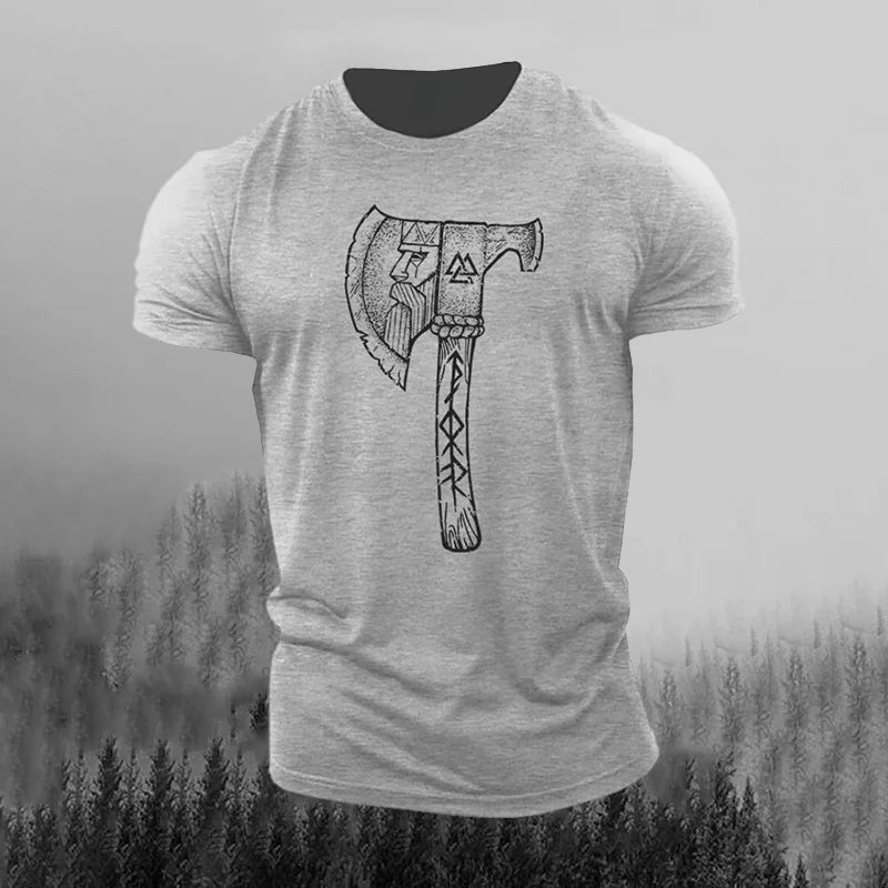 Cardydony Men's Retro Axe And Viking Rune Print Short-sleeve T-shirt