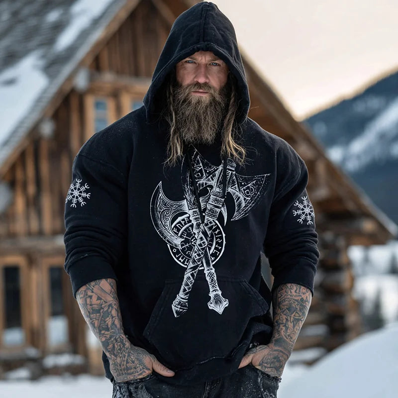 Cardydony Men's Retro Viking Vegvisir With Axe Print Graphic Hoodie