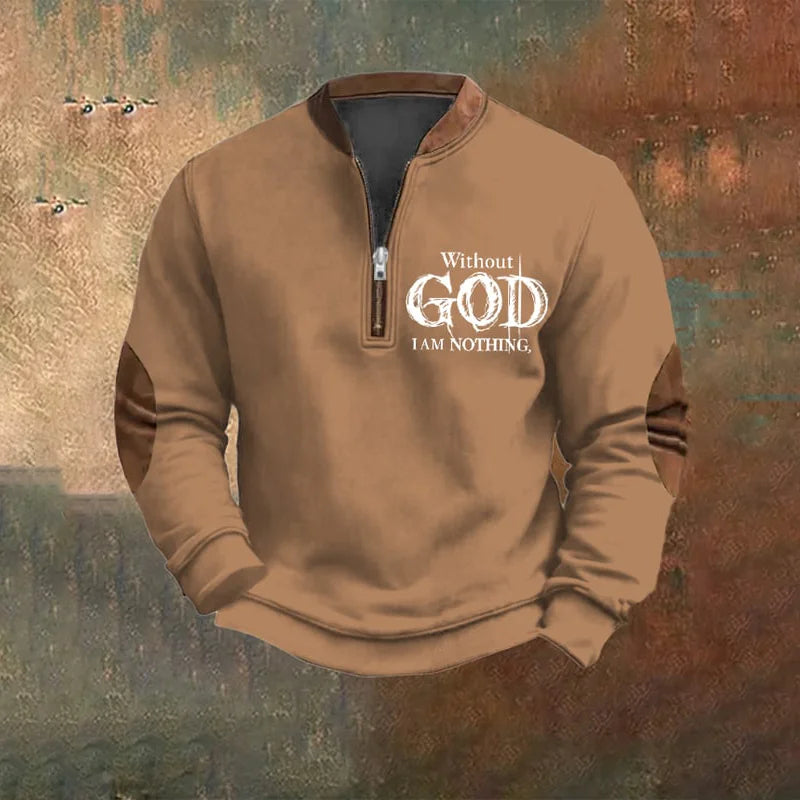 Cardydony Men's Vintage Faith Without God I Am Nothing Printed Zip Collar Sweatshirt
