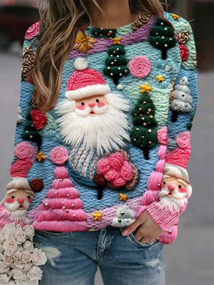 Cardydony Santa Claus Print Crew Neck Casual Sweatshirt