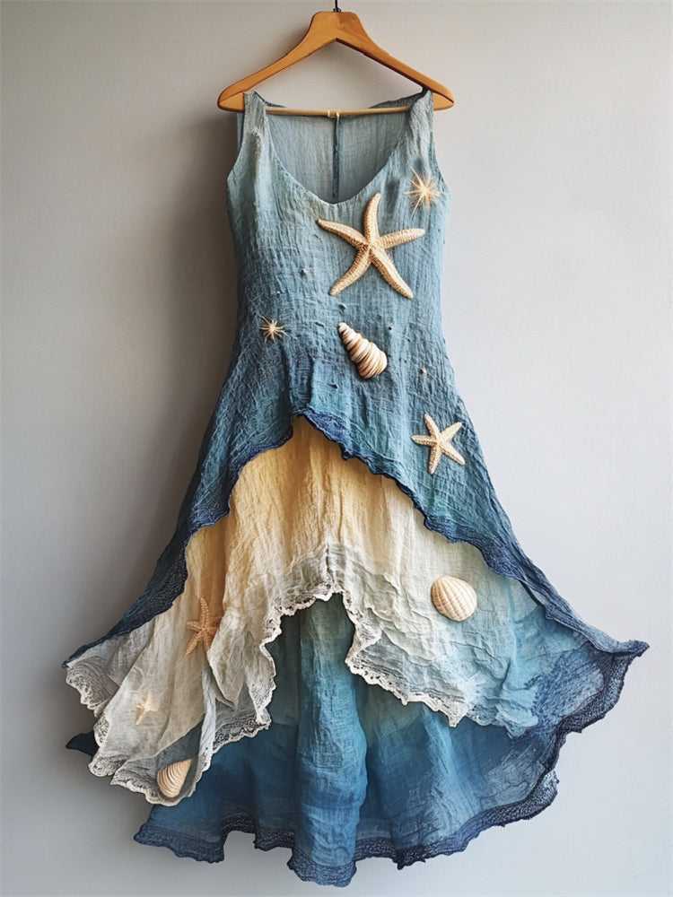 Cardydony Starfish & Sea Shells Embroidered Sea Waves Layered Flowy Linen Dress
