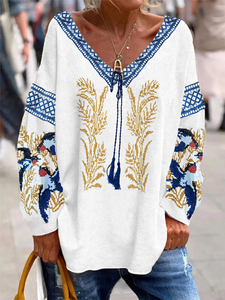 Cardydony Ukrainian Swallow & Wheat Fringe Embroidery Women's V-neck Shirt