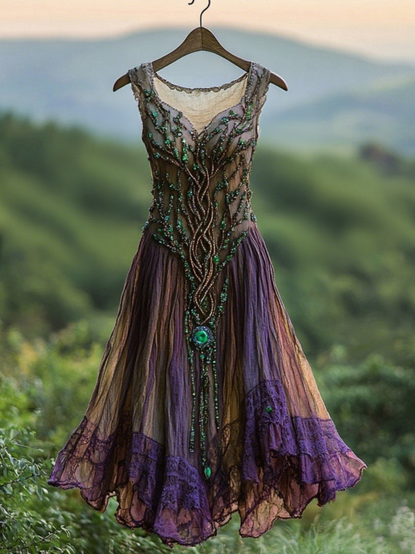 Cardydony Viking Tribal Celtic Tree Of Life Gradient Lace Splicing Ruffle Midi Dress