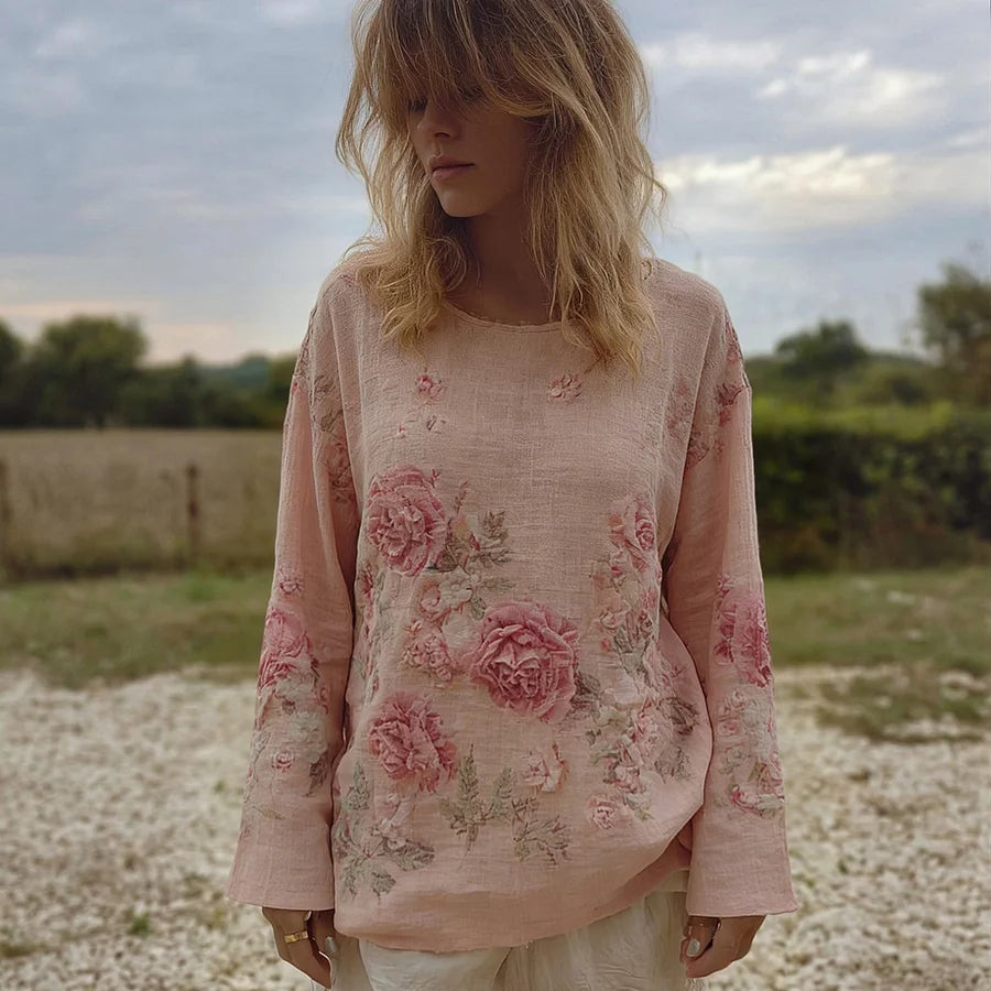 Cardydony Vintage Boho Roses Pattern Round Neck Cozy Linen Tunic