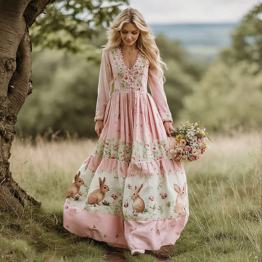 Cardydony Vintage Bunny With Floral Art Women's Linen Long Sleeve Maxi V-neck Dress