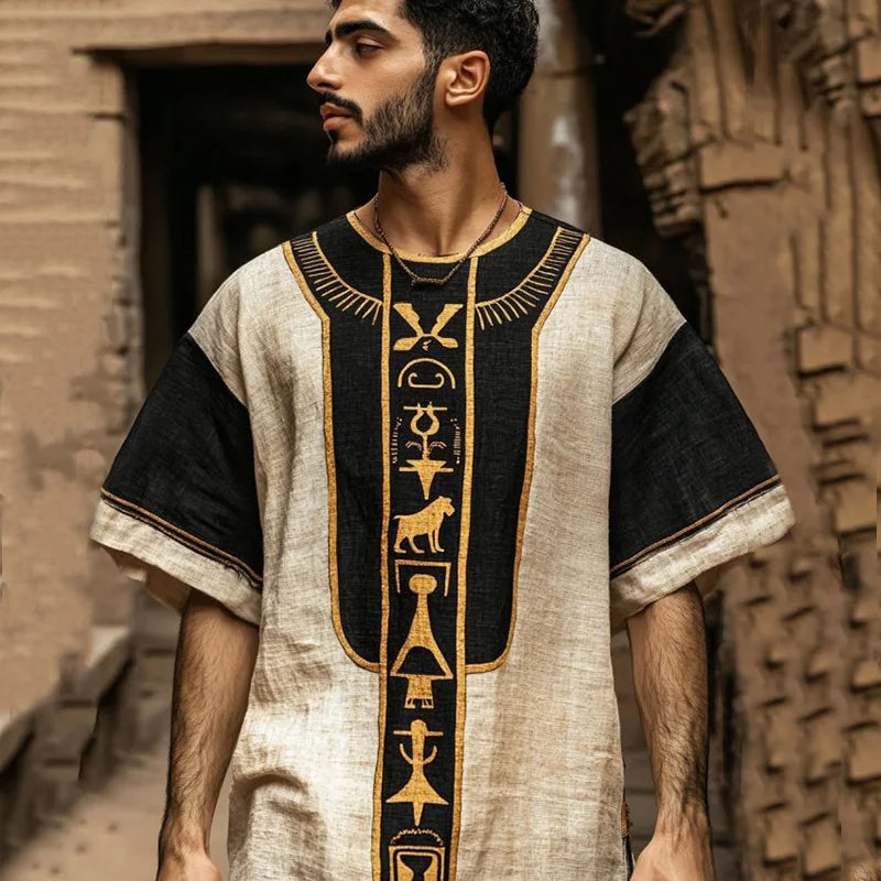 Cardydony Vintage Egyptian Rune Embroidered Contrast Linen Shirt