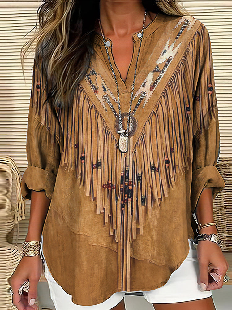 Cardydony Vintage Western Tassels Print Loose Casual Cotton Linen Shirt