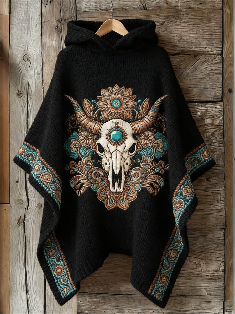 Cardydony Western Bull Skull Turquoise Floral Cozy Knit Hooded Cloak