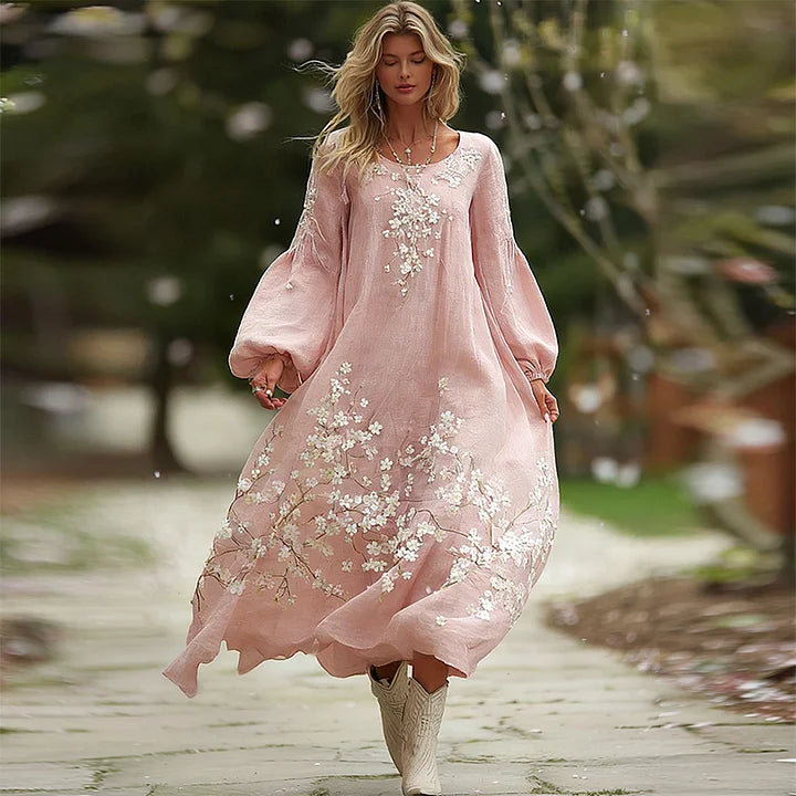Cardydony Women's Bohemian Cherry Blossom Pattern Casual Round Neck Long Sleeve Dress