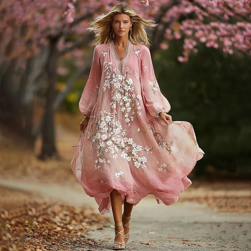Cardydony Women's Bohemian Cherry Blossom Pattern Casual V Neck Long Sleeve Dress