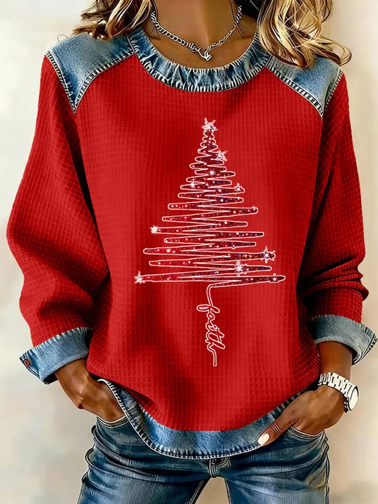 Cardydony Women's Christmas Waffle Crew Neck Casual Sweatshirt