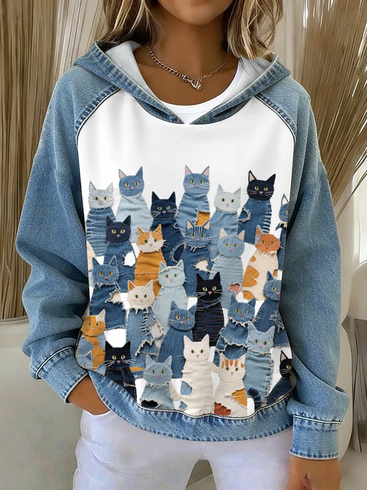 Cardydony Women's Denim Kitten Hoodie