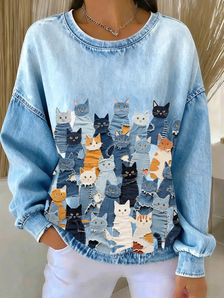 Cardydony Women's Denim Kitten Sweatshirt
