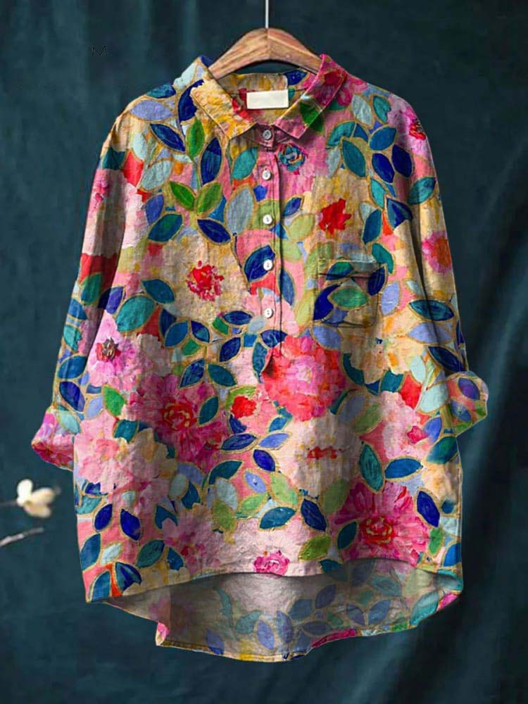 Cardydony Women's Flower Print Casual Cotton And Linen Shirt