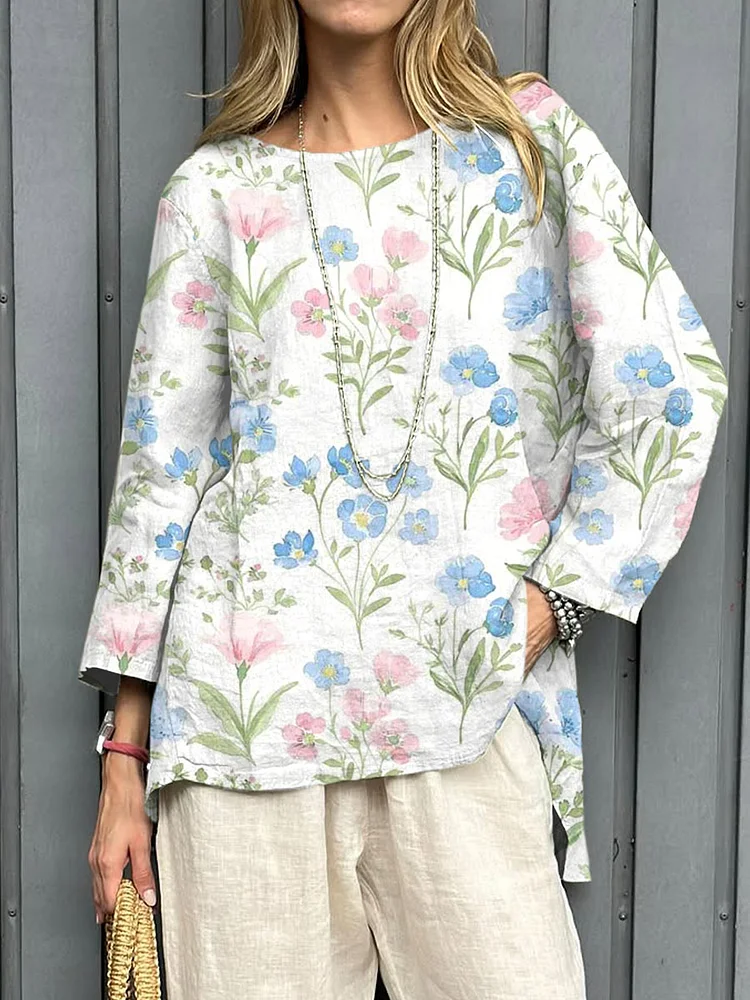Cardydony Women's Vintage Flowers Art Print Linen T-shirt