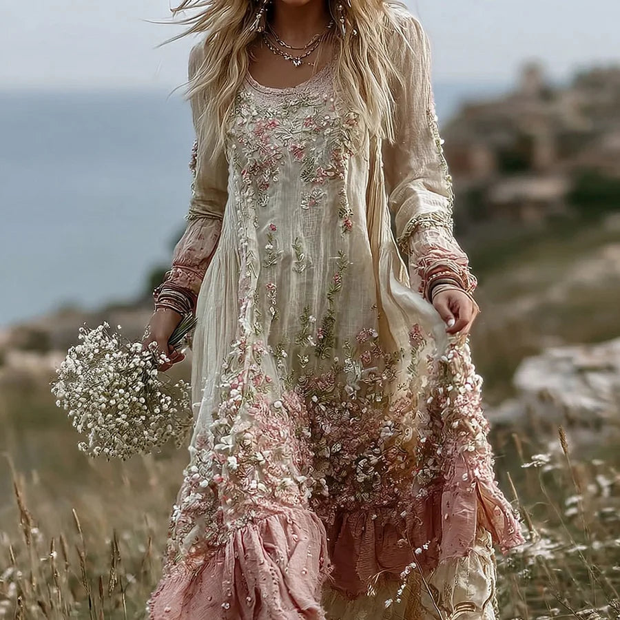 Cardydony Women's Vintage Gypsophila Floral Pattern Casual Linen Maxi Dress
