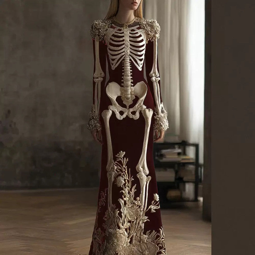 Cardydony Women's Retro Halloween Gothic With Floral Pattern Print Round-neck Maxi Dress