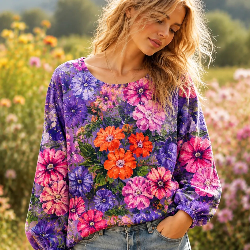 Cardydony Women's Casual Crewneck Sweatshirt With Vibrant Purple And Pink Watercolor Floral Print