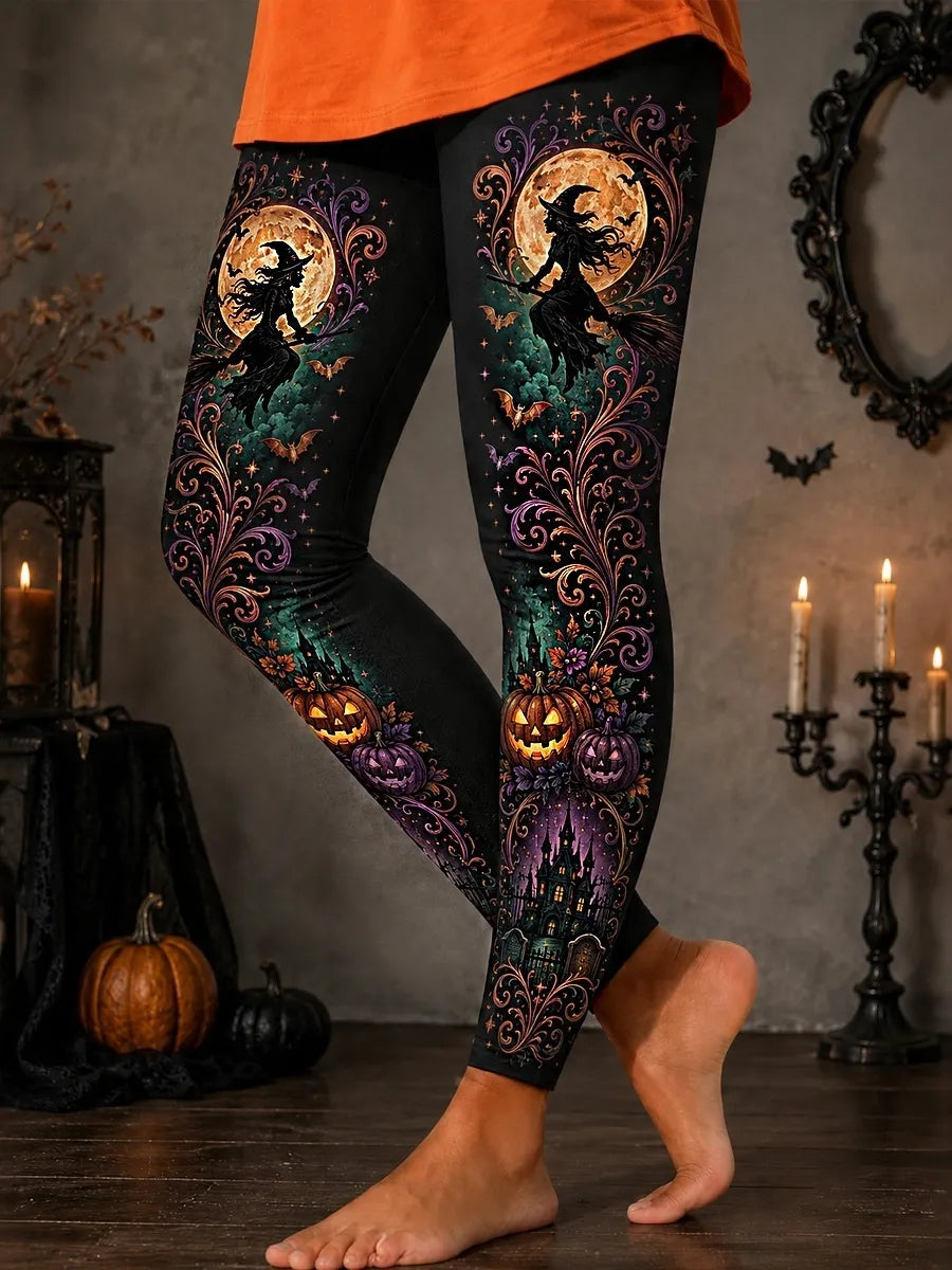 Cardydony Women's Halloween Retro Witch Pumpkin Castle Print Leggings